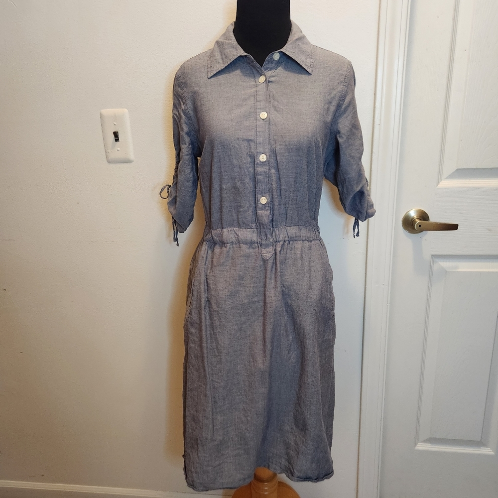 Converse One Star Button Down Denim Chambray Ruched Sleeves Small Mini Dress